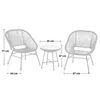 A diagram showing dimensions of a white outdoor furniture set consisting of two chairs and a table. Voir les images du produit
