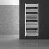 A white towel radiator mounted on a dark tiled wall in a modern bathroom setting. Produktbild-Vorschau