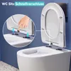 A close-up view of a toilet seat being attached to a toilet bowl, with an inset showing a hand pressing a button to release the seat. Náhled obrázku produktu