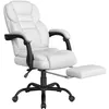 A white ergonomic office chair with a black base and armrests, featuring a retractable footrest. Produktbild-Vorschau