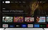 A television screen displaying the Google TV interface with promotional content for 'House of the Dragon' and various apps. Produktbild-Vorschau