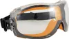 A pair of clear safety goggles with orange accents and a black strap, shown from a side angle on a white background. Produktbild-Vorschau