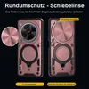 Two views of a rose gold phone case with a sliding camera cover and ring holder, against a black background. Produktbild-Vorschau