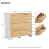 A diagram showing the dimensions of a chest of drawers with rattan fronts and wooden handles, along with close-up views of the drawers. Produktbild-Vorschau