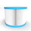 A cylindrical spa filter with white pleated material and blue end caps, isolated on a white background. Podgląd zdjęcia produktu