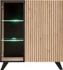 A modern cabinet with a slatted wood facade and a glass-fronted section with LED lighting. Podgląd zdjęcia produktu