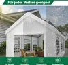 A white tent or carport shown in different weather conditions, with rain and snow depicted. Produktbild-Vorschau
