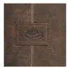 A close-up of a brown leather apron with a stamped logo. Produktbild-Vorschau