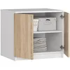 A white cabinet with two doors, one of which is open, revealing shelves with storage boxes and folded towels. Náhľad obrázku produktu