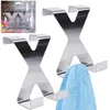 Two metal 'X' shaped door hooks displayed on a white background, with one hook holding a blue towel. Packaging for the product is visible in the top left corner. Anteprima dell’immagine prodotto