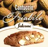 A close-up of almond cantucci cookies with almonds in the background and a logo. Voir les images du produit