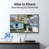 A television screen displays a collage of security camera footage from different outdoor locations, with a text overlay and a graphic indicating 24/7 recording. A black DVR unit sits on a cabinet below the TV. Produktbild-Vorschau