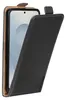 A black flip case for a smartphone is shown with the front cover open, revealing the phone screen. Produktbild-Vorschau