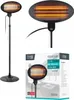 A collage of a patio heater, its packaging, and a close-up of the heating element. Náhled obrázku produktu