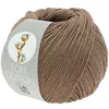 A ball of brown yarn with a label showing cotton plants and text. Produktbild-Vorschau