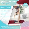 A woman performing a handstand on a yoga mat, with marketing text and graphics overlaid. Produktbild-Vorschau