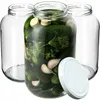 Three glass jars, one filled with pickles, dill, and garlic, and a white lid. Podgląd zdjęcia produktu