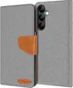 A flip case for a smartphone is shown open, revealing the phone's camera module and a brown leather accent on the case. Produktbild-Vorschau