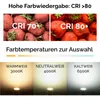The image displays information about light bulb color rendering index (CRI) and color temperatures, with images of strawberries and examples of different light outputs. Produktbild-Vorschau