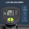 Close-up of a fitness stepper's LCD display and control buttons, with feature callouts on the right. Produktbild-Vorschau