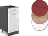A kitchen cabinet unit shown from a three-quarter angle, with three circular swatches of different material finishes to the right. Produktbild-Vorschau