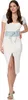 A woman is standing and modeling a white dress with a light blue obi belt and gold sandals. Produktbild-Vorschau