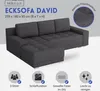 A dark gray sectional sofa is shown from a front-diagonal angle against a light gray background. Text and icons highlight product features. Produktbild-Vorschau