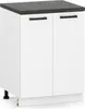 A white kitchen cabinet with a dark countertop and black handles, shown from a front-side angle.