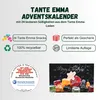 A collage of marketing elements for a Tante Emma's Adventskalender, featuring text, icons, and a product image. Produktbild-Vorschau