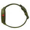 Side view of a green watch with a red button and a green strap. Voir les images du produit