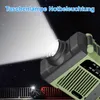 A green and black emergency radio with a flashlight beam shining to the left, set against a dark, starry background. A bicycle is visible in the lower left corner. Produktbild-Vorschau