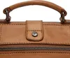 Close-up of a brown leather handbag, showing the handle, a snap closure with a logo, and a zipper. Podgląd zdjęcia produktu