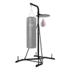 A black metal boxing stand with a gray punching bag and a pink and gray speed bag. Produktbild-Vorschau