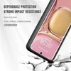 A black phone case is shown with text describing its protective features, with a cracked ground effect at the bottom. Produktbild-Vorschau
