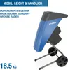 A blue and black electric garden shredder with wheels, shown on a white background with marketing text. Produktbild-Vorschau