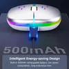 A white wireless mouse is shown charging, with colorful LED lights illuminating its edges and scroll wheel. Text overlays highlight its energy-saving features and battery capacity. Produktbild-Vorschau