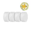 Four white cylindrical dehumidifier refills are arranged in a row against a white background. A circular graphic with a vanilla flower and text is positioned above and to the right of the refills. Anteprima dell’immagine prodotto