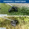 Two close-up shots of a string trimmer head cutting grass and weeds, with text labels indicating different uses. Anteprima dell’immagine prodotto