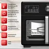 A close-up view of a black digital air fryer oven with a display panel and interior visible, alongside a list of its features. Produktbild-Vorschau
