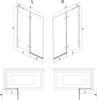 Diagrams showing the dimensions and installation options for a two-part shower wall, with top views illustrating placement next to a bathtub. Produktbild-Vorschau