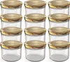 A grid of twelve clear glass jars with gold lids. Voir les images du produit