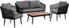 A set of outdoor furniture including a sofa, two chairs, and a coffee table, arranged on a white background. Produktbild-Vorschau