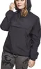A woman wearing a black windbreaker jacket and camouflage pants, posing against a white background. Produktbild-Vorschau