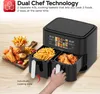 A dual air fryer with food in its baskets, placed on a wooden surface. Produktbild-Vorschau