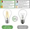 Comparison of an LED lamp and an incandescent bulb, with text highlighting the advantages of the LED lamp. Produktbild-Vorschau