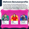 A pink tablet case with three children's profiles displayed on the screen. Produktbild-Vorschau