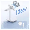 A white charging stand with a magnetic attachment for a phone, with a graphic overlay showing a percentage increase. Produktbild-Vorschau