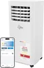 A white portable air conditioner unit is shown next to a smartphone displaying a control app. Produktbild-Vorschau