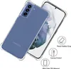 A clear protective phone case is shown on a blue Samsung phone, with feature callouts. Produktbild-Vorschau