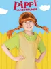 A child dressed as Pippi Longstocking, with a wig and costume, against a blue sky and yellow fence background. Podgląd zdjęcia produktu
